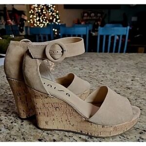Unisa Cork Wedge Heels Platform Sz 10 70s Womens Textile Open Toe Tan C31‎
